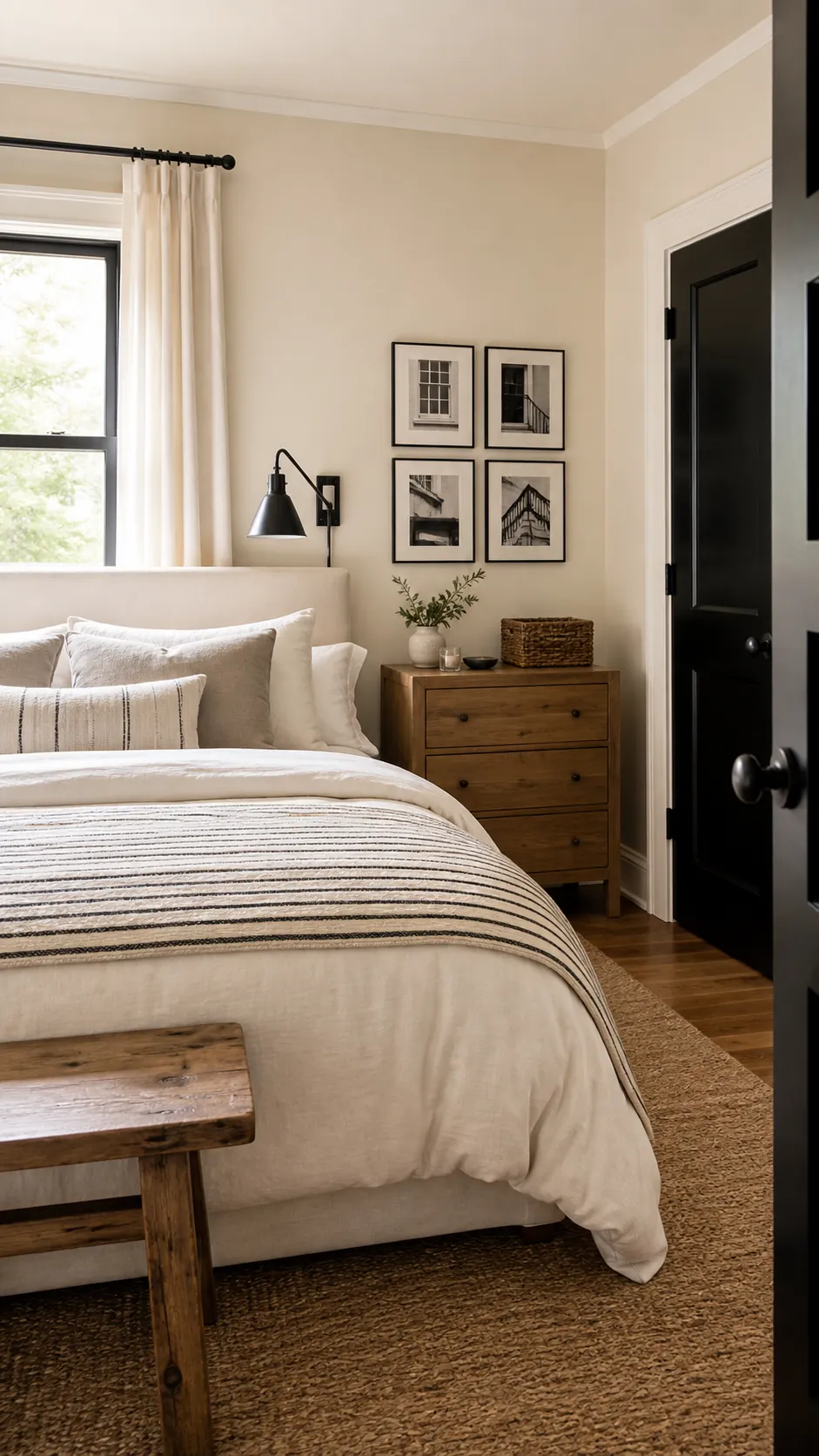 Cream bedroom walls with black trim accents and crisp graphic bedding