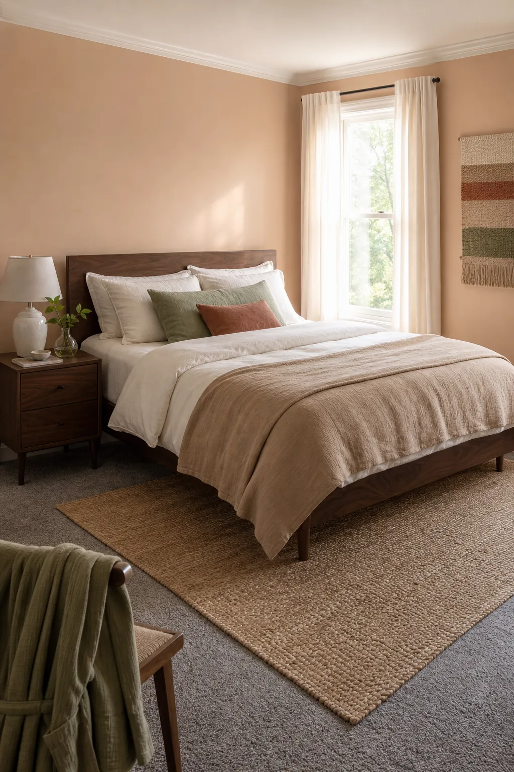 Peachy nude bedroom walls with cream bedding and warm wood furniture