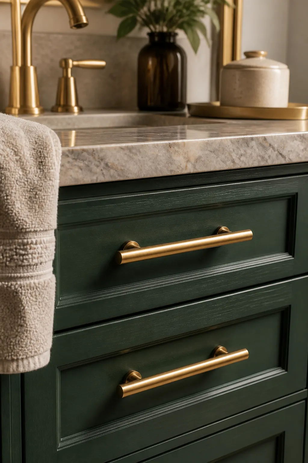 Close view of a deep green bathroom vanity with slim brass drawer pulls and stone counter