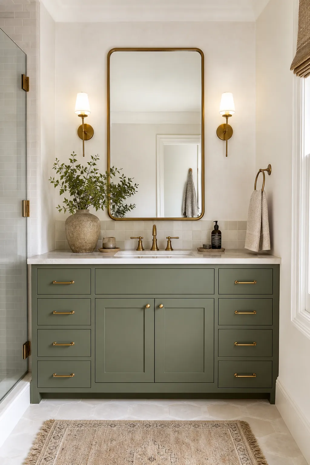 Green bathroom vanity with warm brass metal accents, mirror, and soft neutral styling
