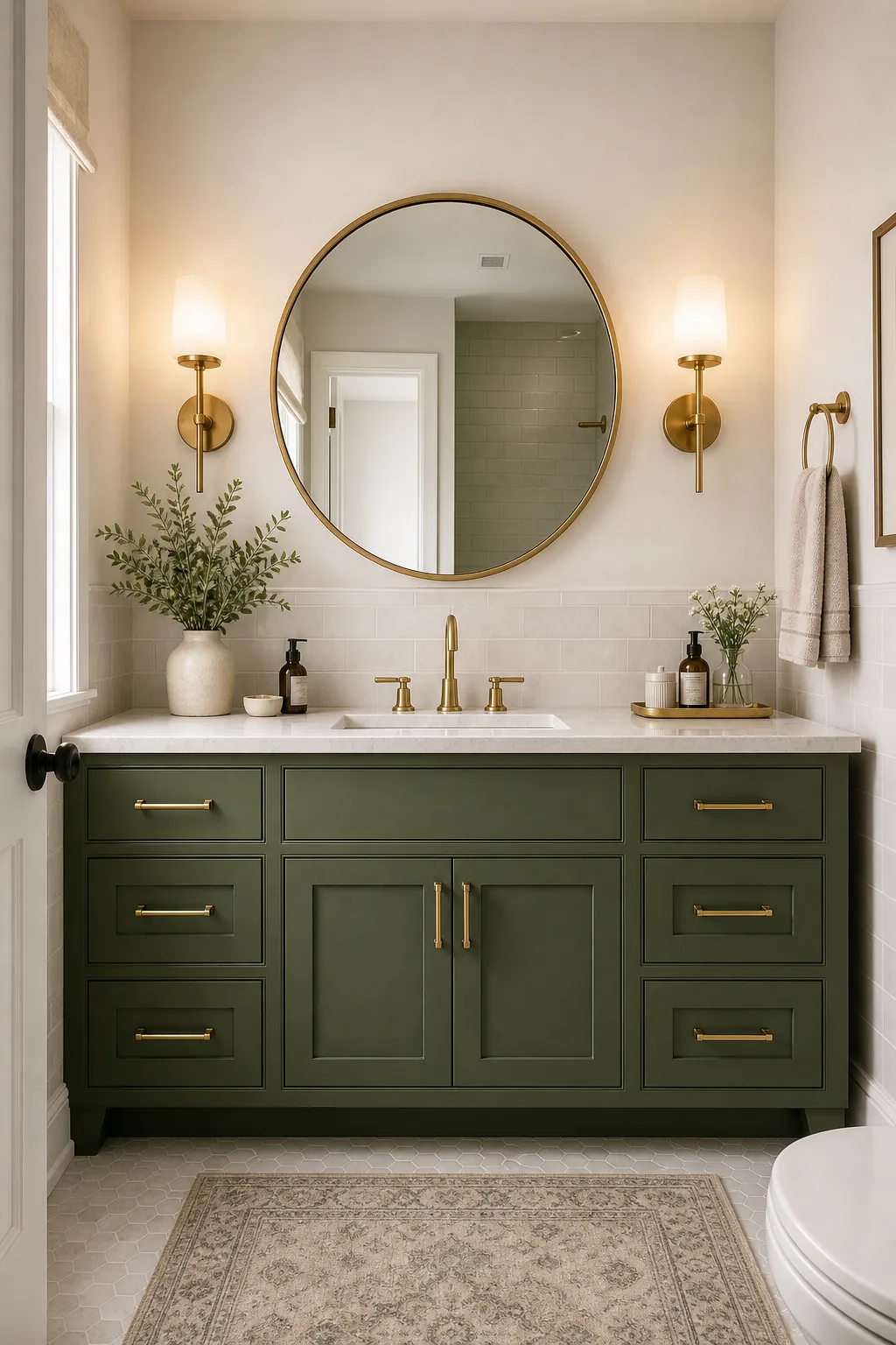 Green bathroom vanity styled with a round brass mirror and warm wall sconces
