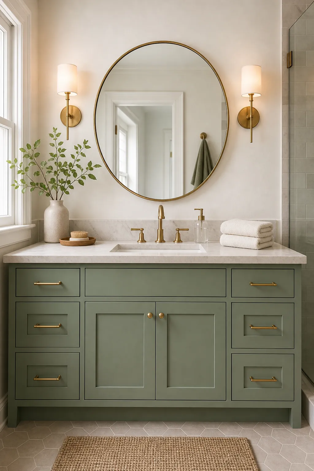 Sage green bathroom vanity with brushed brass hardware and a warm framed mirror