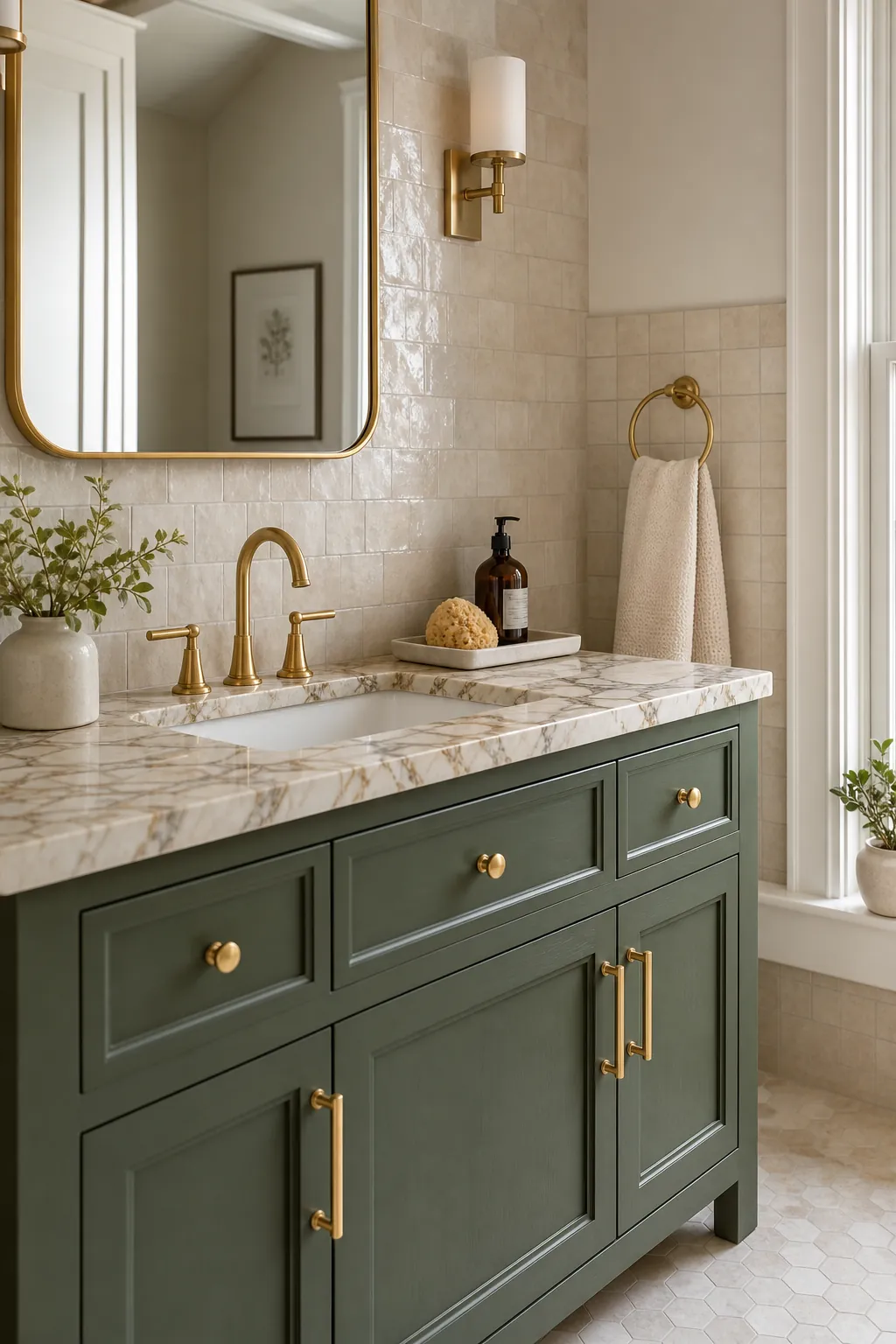 Green bathroom vanity with marble counter, brass faucet, and warm neutral tile