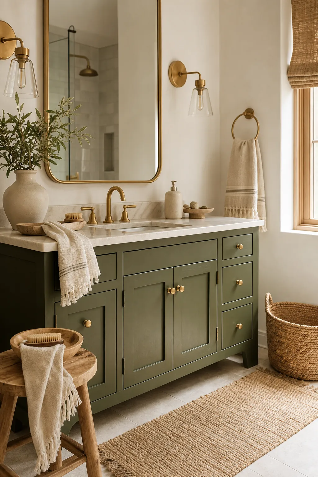 Olive green bathroom vanity with brass accents, wood decor, and soft woven texture