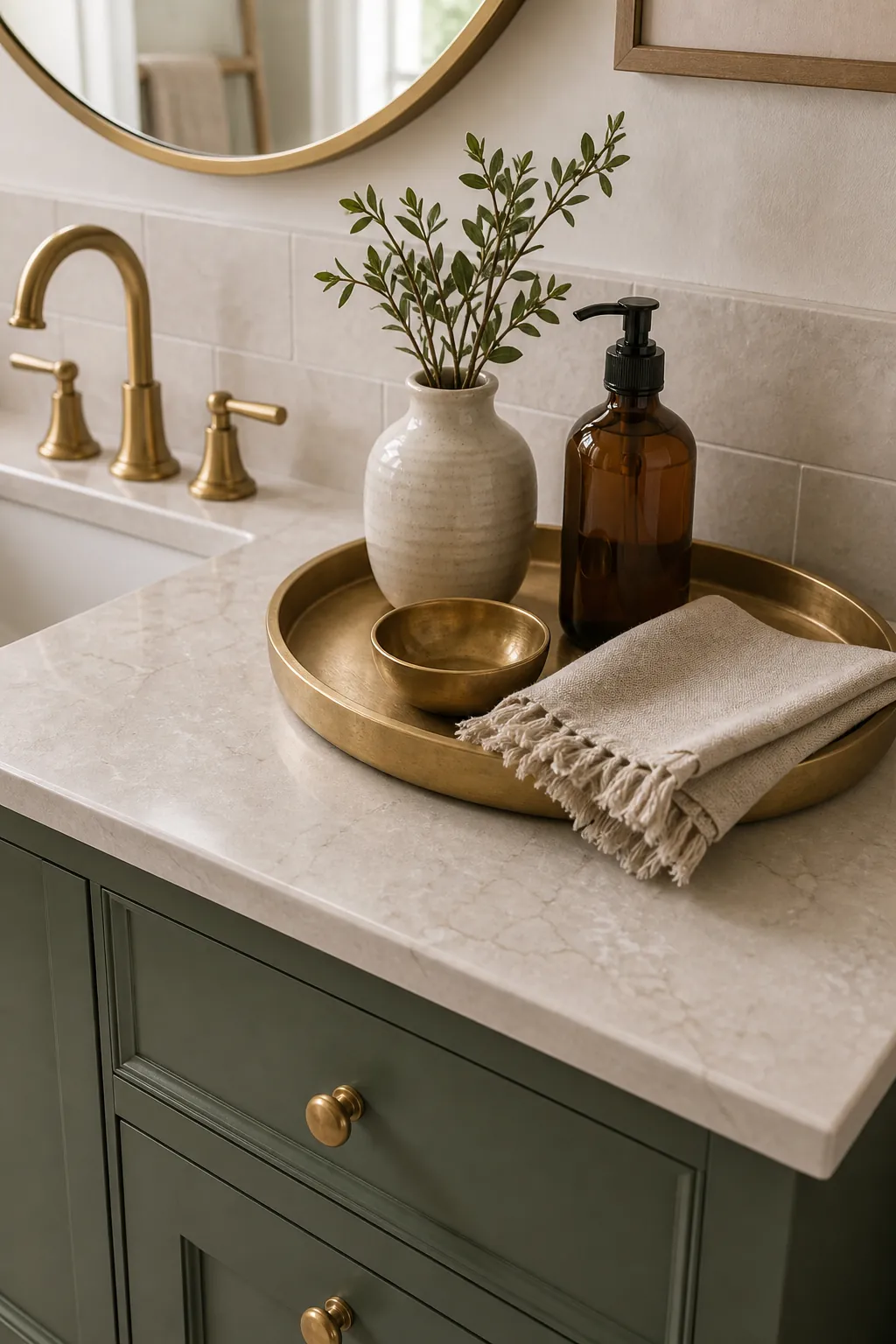 Green bathroom vanity counter styled with a brass tray, mirror, towels, and simple decor