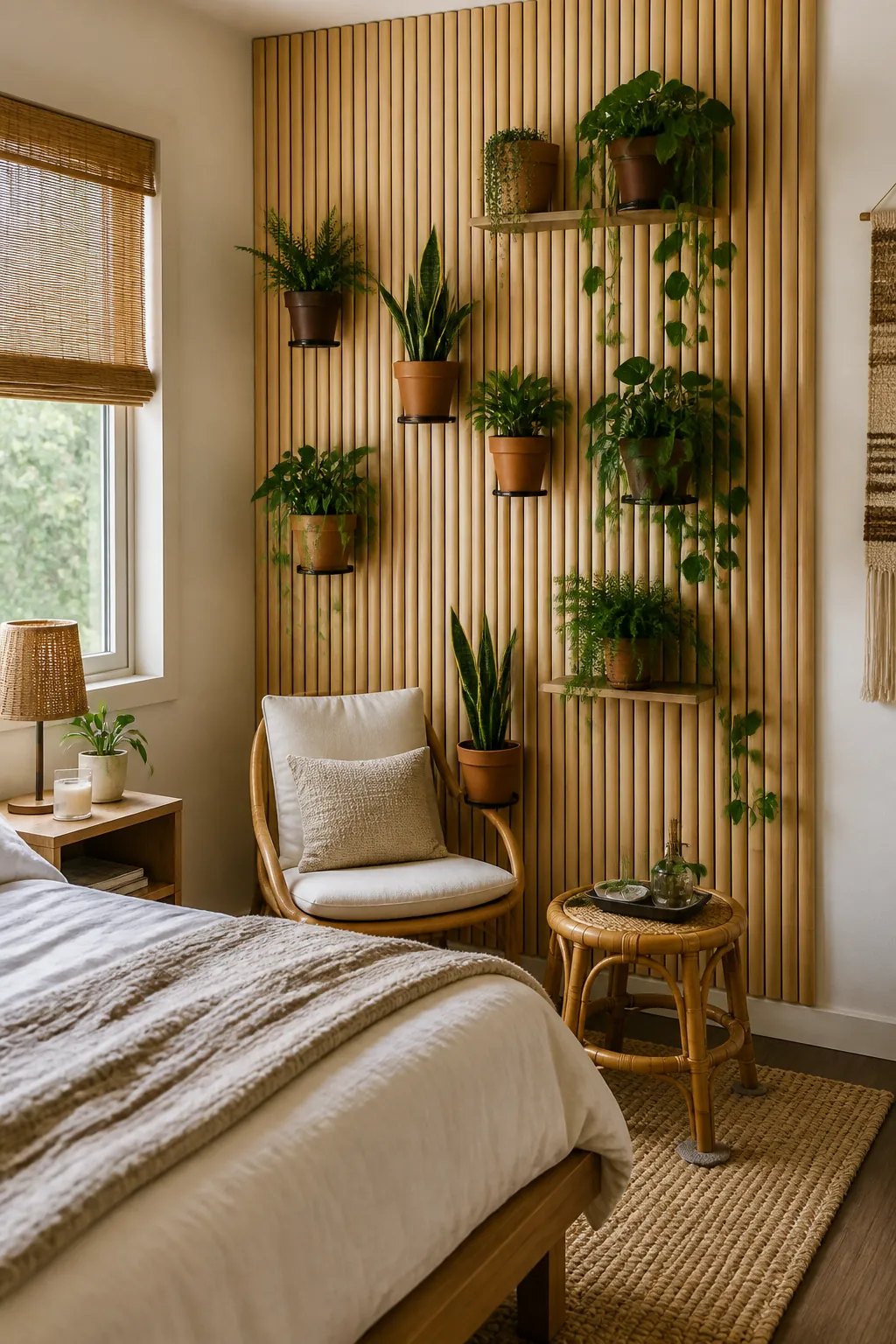 Bamboo slat bedroom plant accent wall with mounted planters
