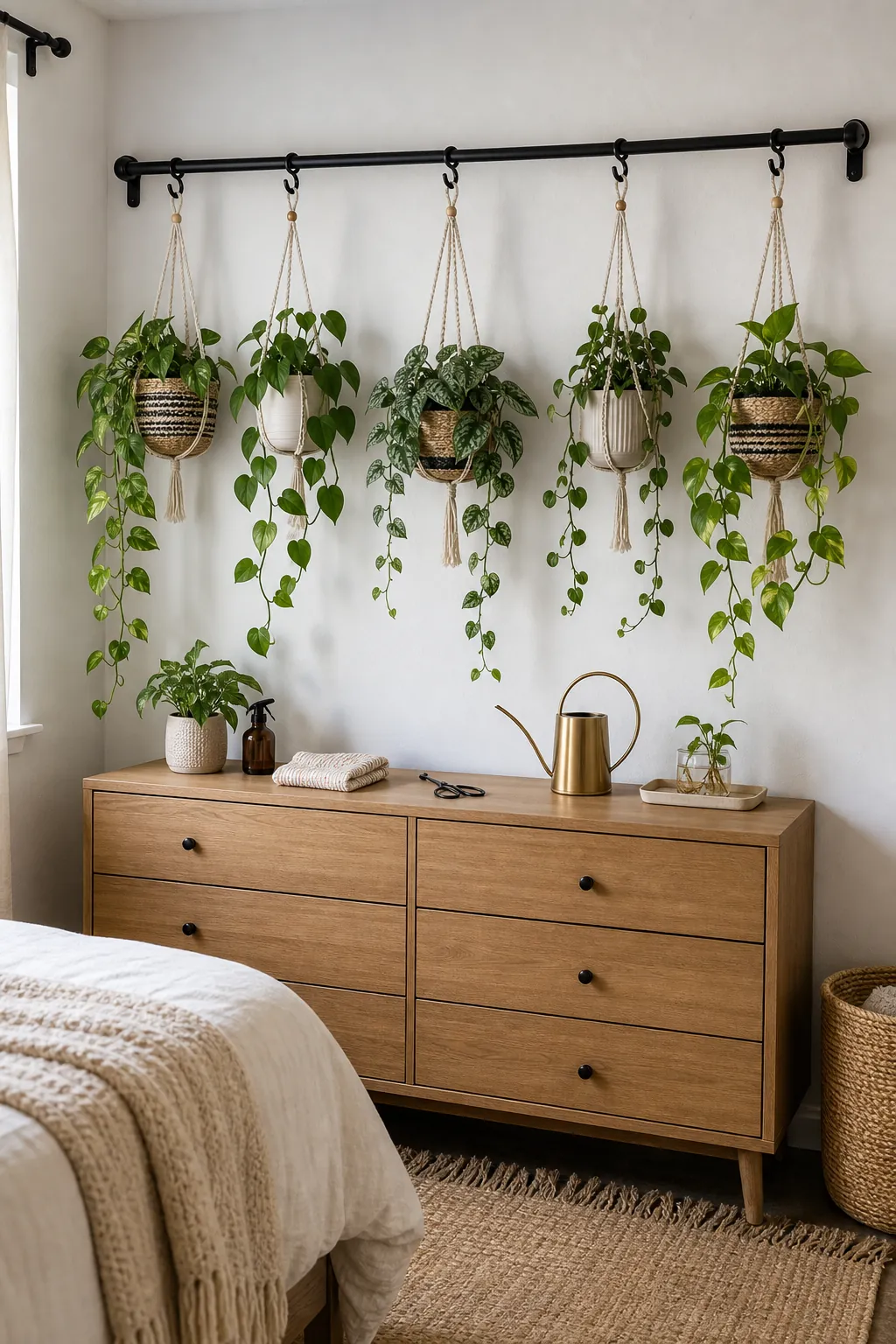 Renter-friendly bedroom plant wall with trailing pothos on a hanging rail
