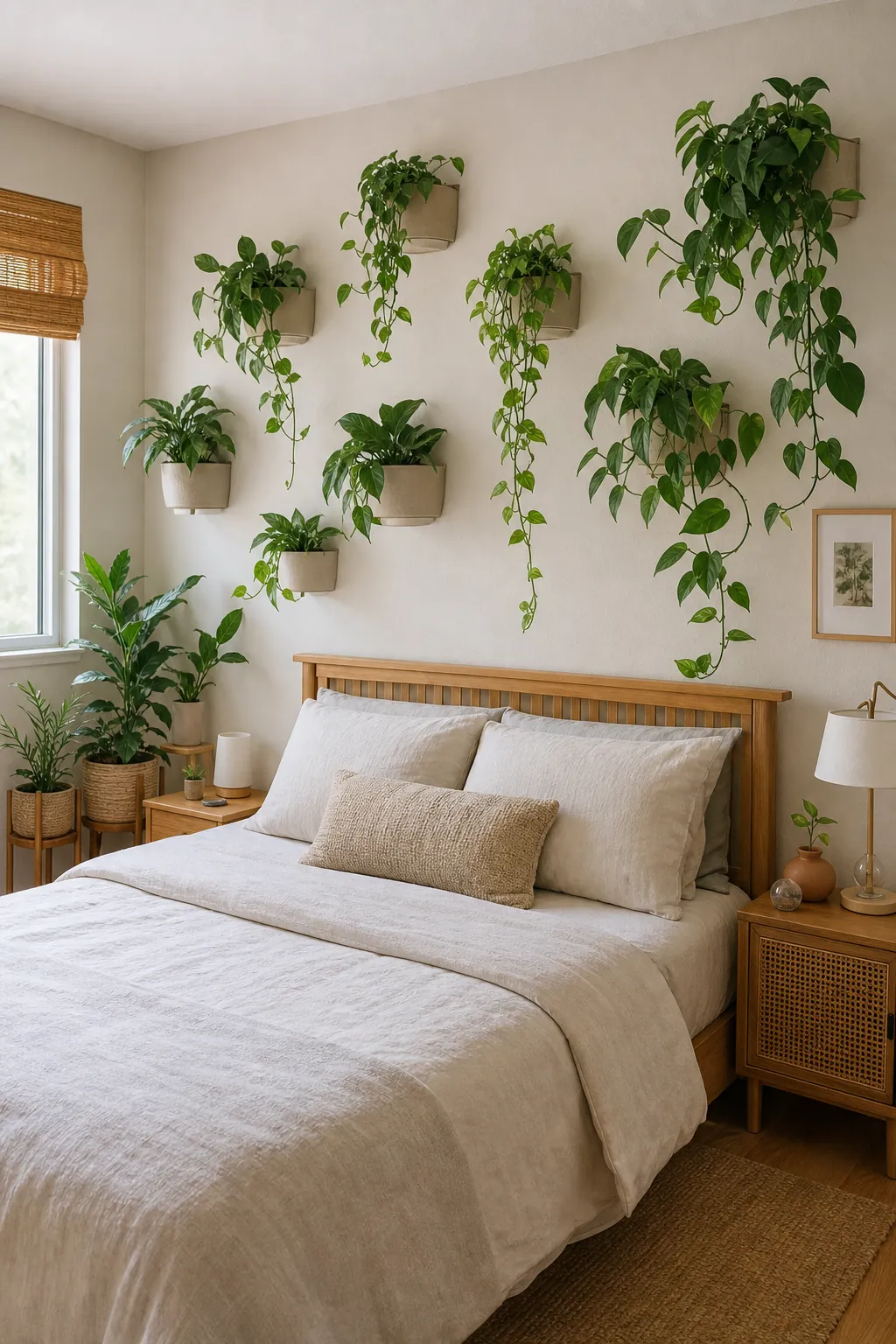 Cozy bedroom plant wall idea with layered greenery and natural textures