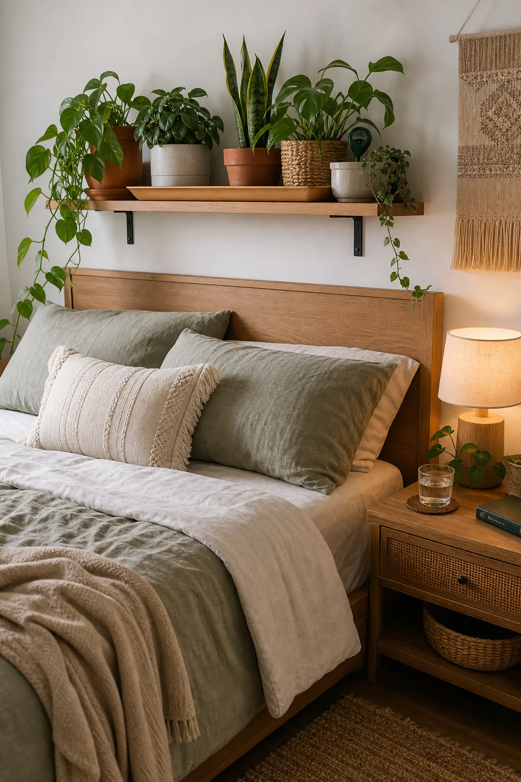 Bedroom plant wall idea with a headboard shelf and grouped greenery