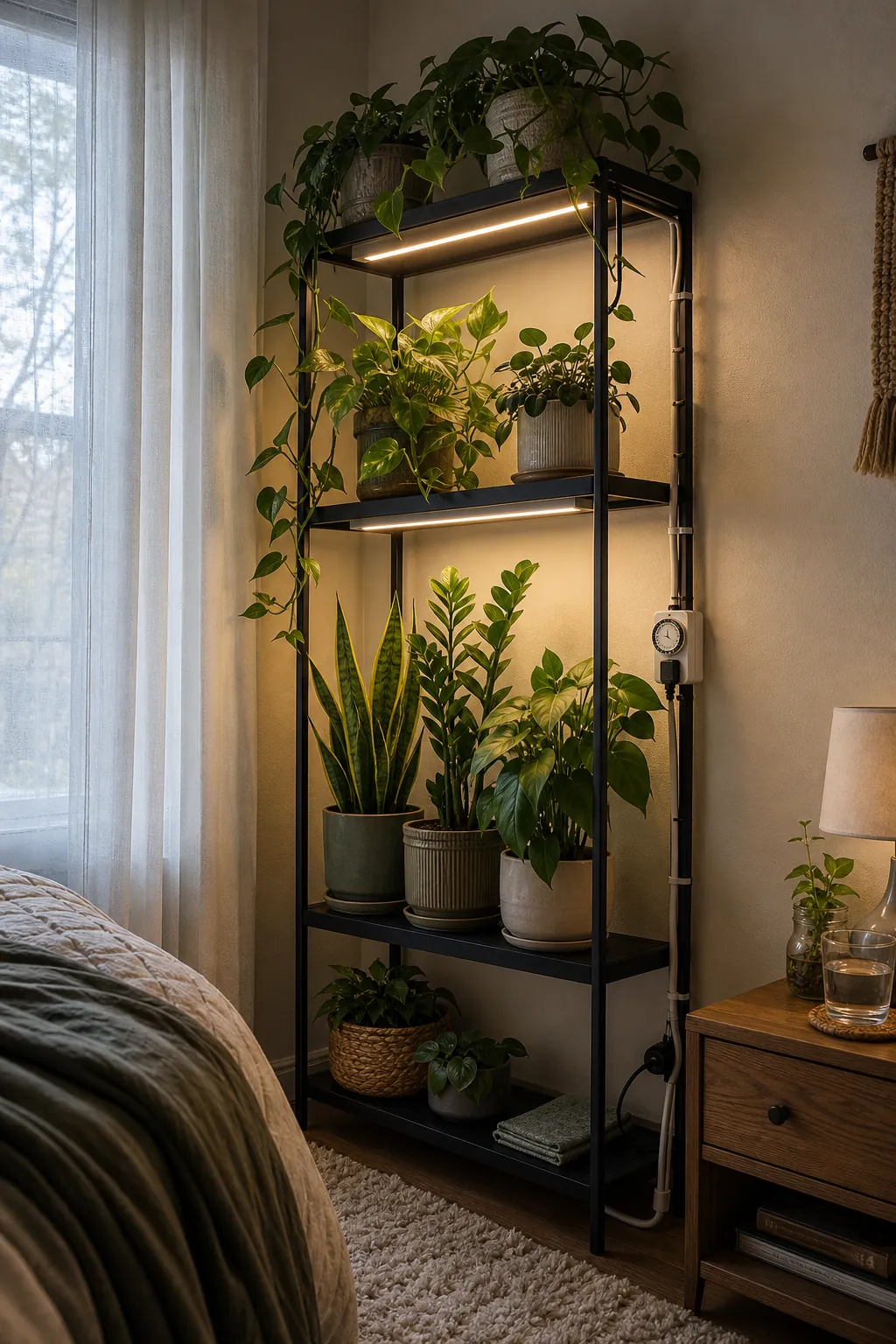 Low-light bedroom plant wall corner with warm grow lights and shelves