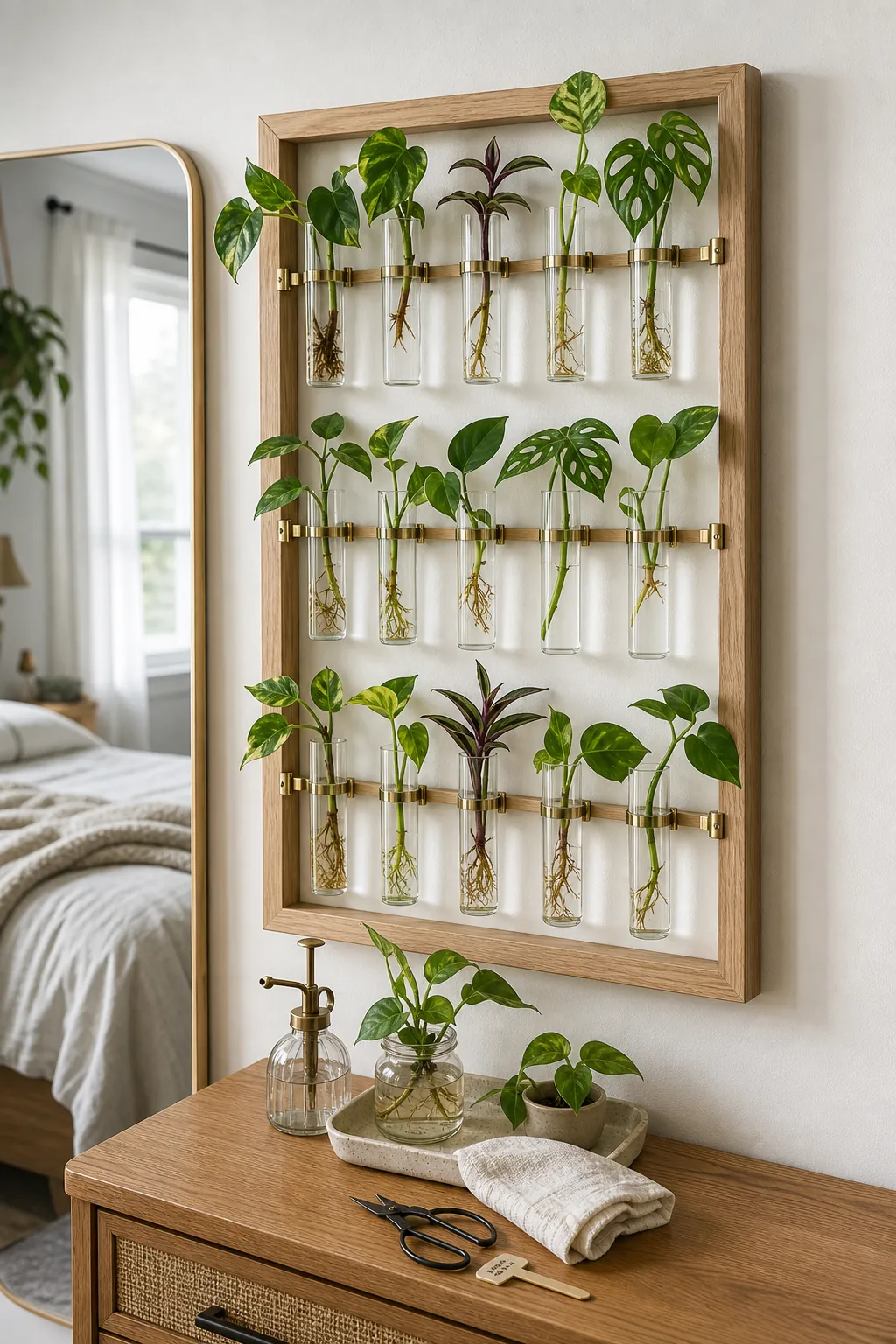 Minimal bedroom propagation tube plant wall with cuttings