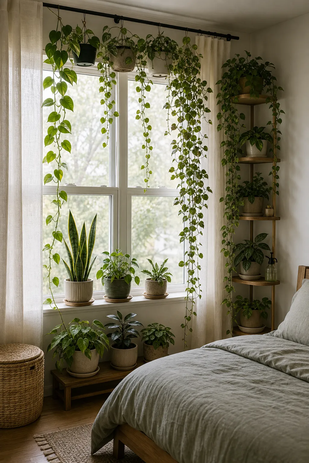 Window-side bedroom plant wall curtain with hanging greenery
