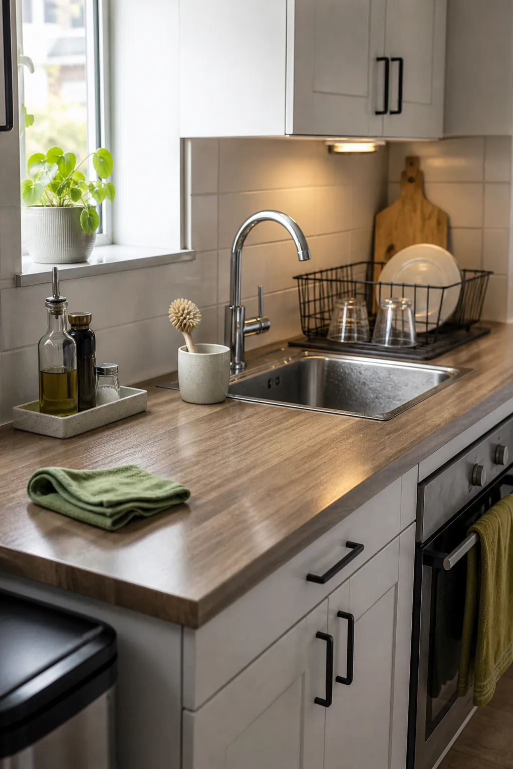 Small apartment kitchen counter reset with dishes cleared and only daily-use items left out