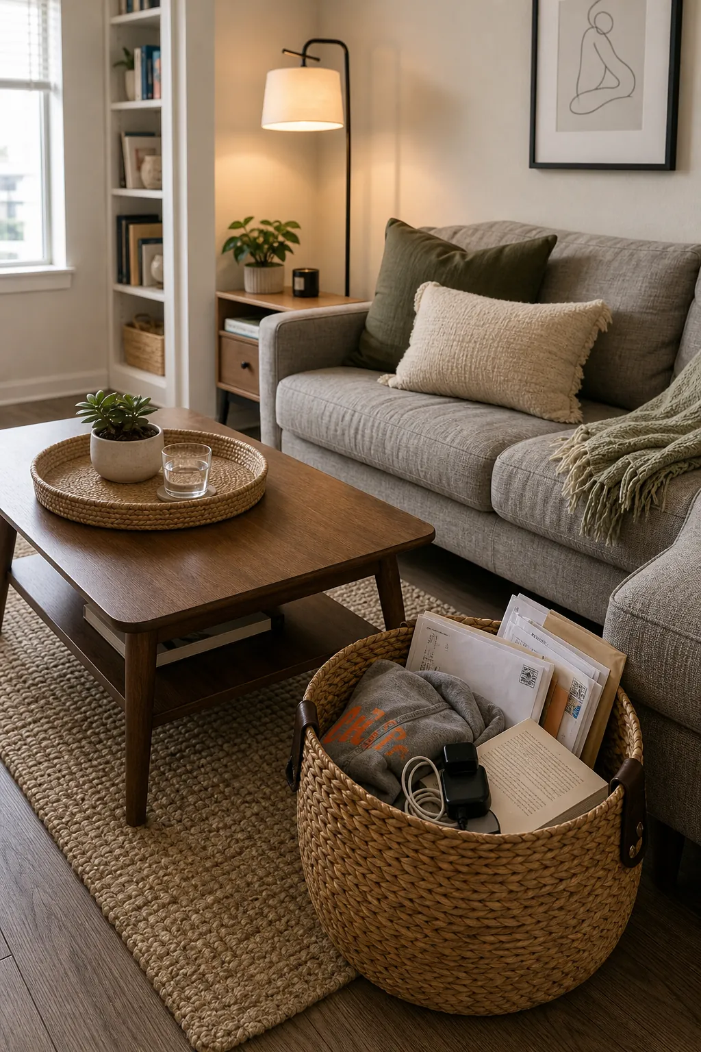 Living room reset basket used for quick clutter control before guests arrive in a small home
