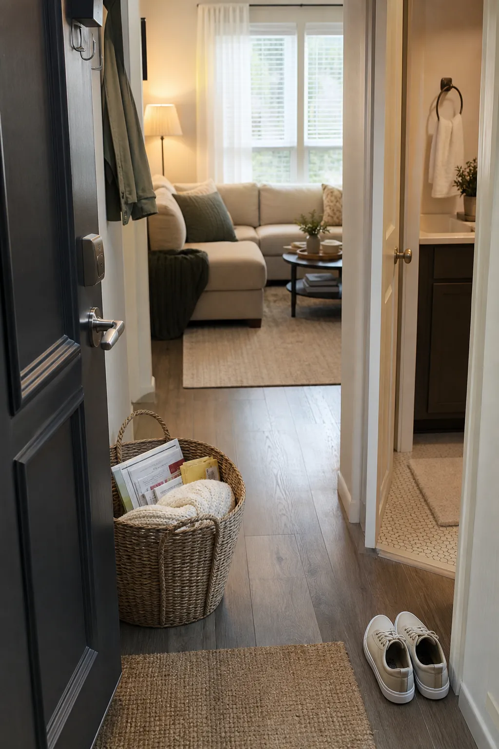 Guest ready small home decluttering setup with tidy entryway, living room, and cleaning basket