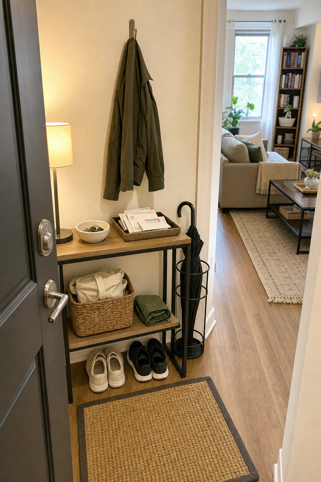 Small home entryway decluttered before guests arrive with shoes, mail, and bags organized in baskets