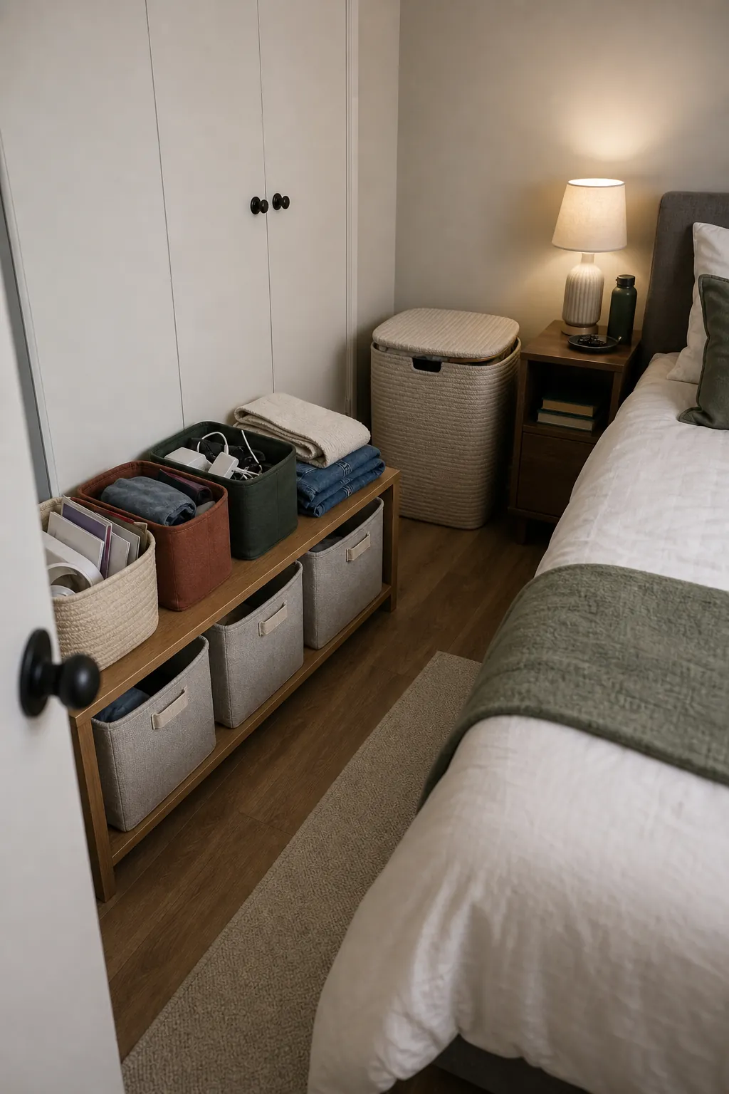 Temporary bedroom holding zone with labeled bins for small home organization before guests arrive