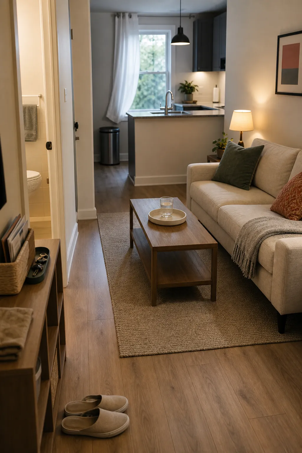 Final small apartment home reset before guests arrive with clear walkway and tidy living area