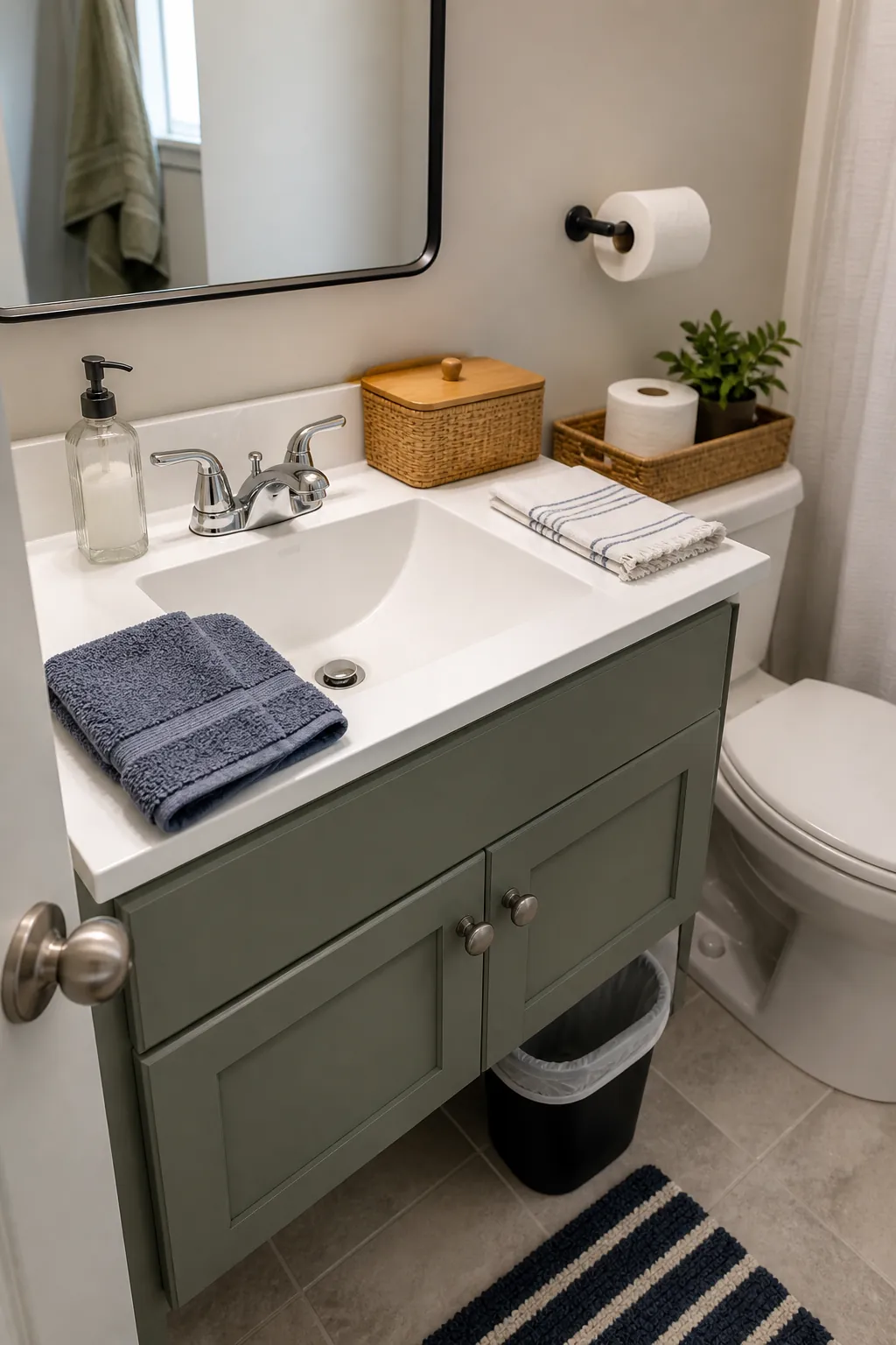 Guest ready bathroom sink reset with fresh towel and clear counter in a small apartment
