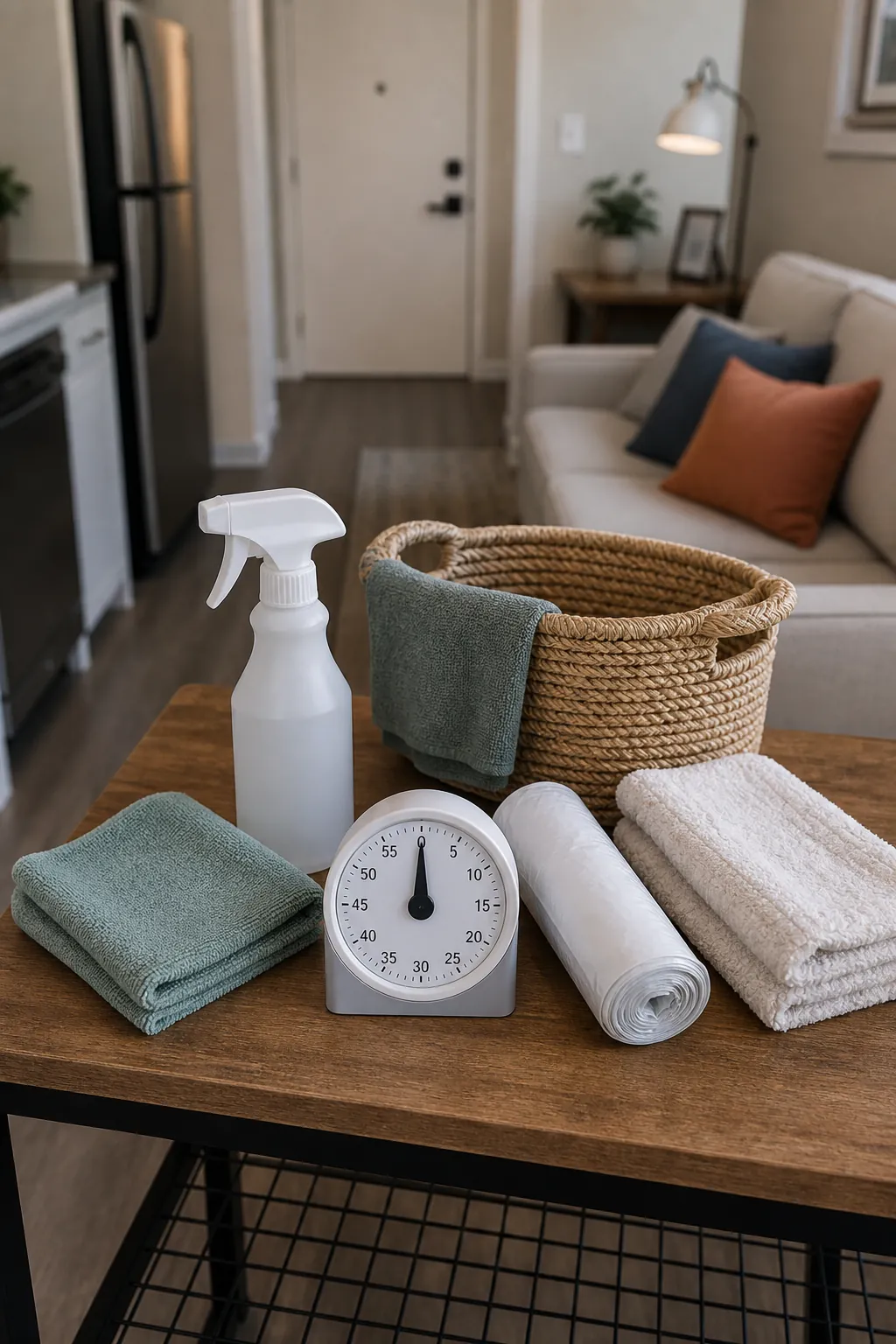 Small apartment reset timer with cleaning cloth basket and trash bag ready for a 20 minute cleaning routine
