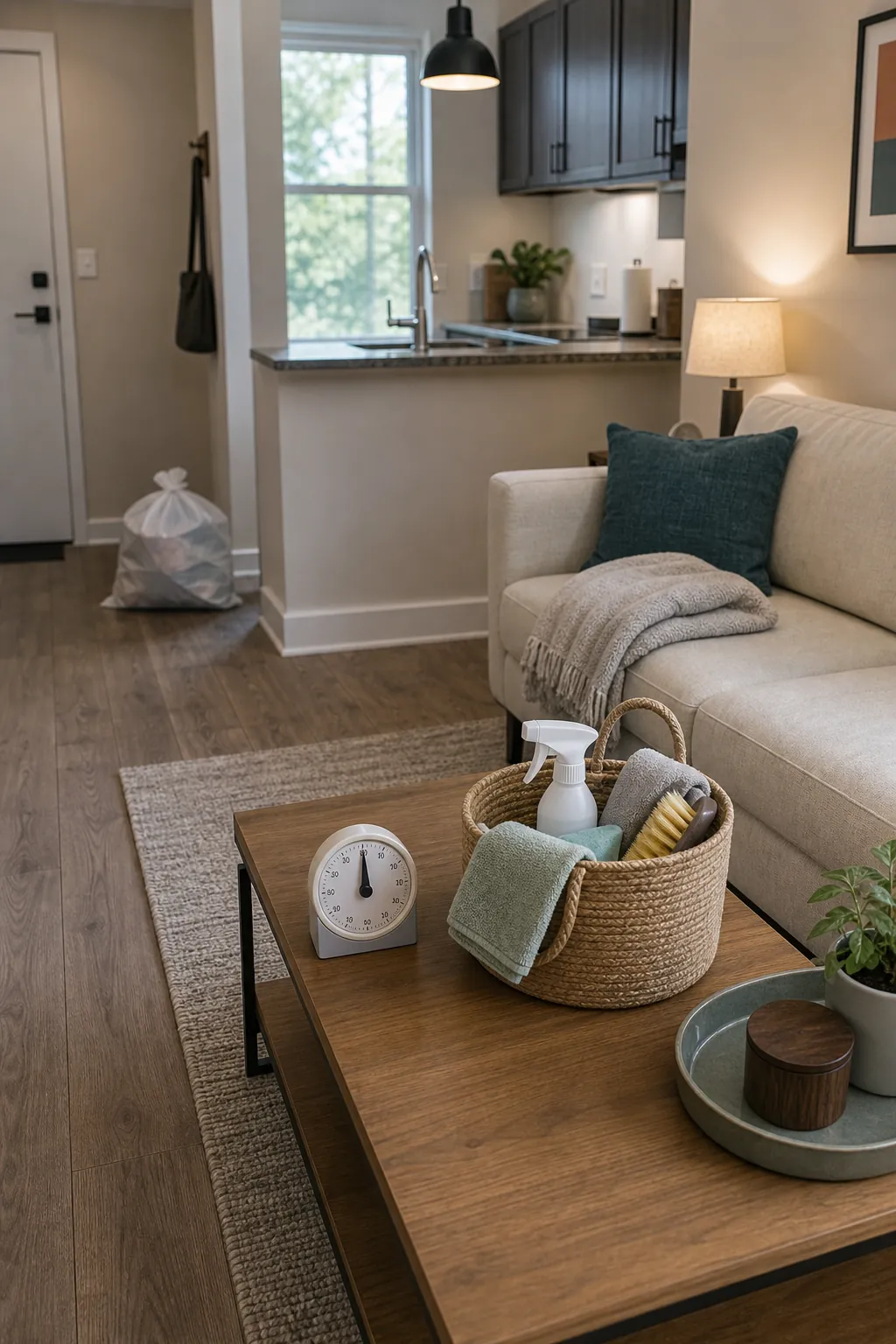 Small apartment reset in 20 minutes with timer, tidy living area, and cleaning basket