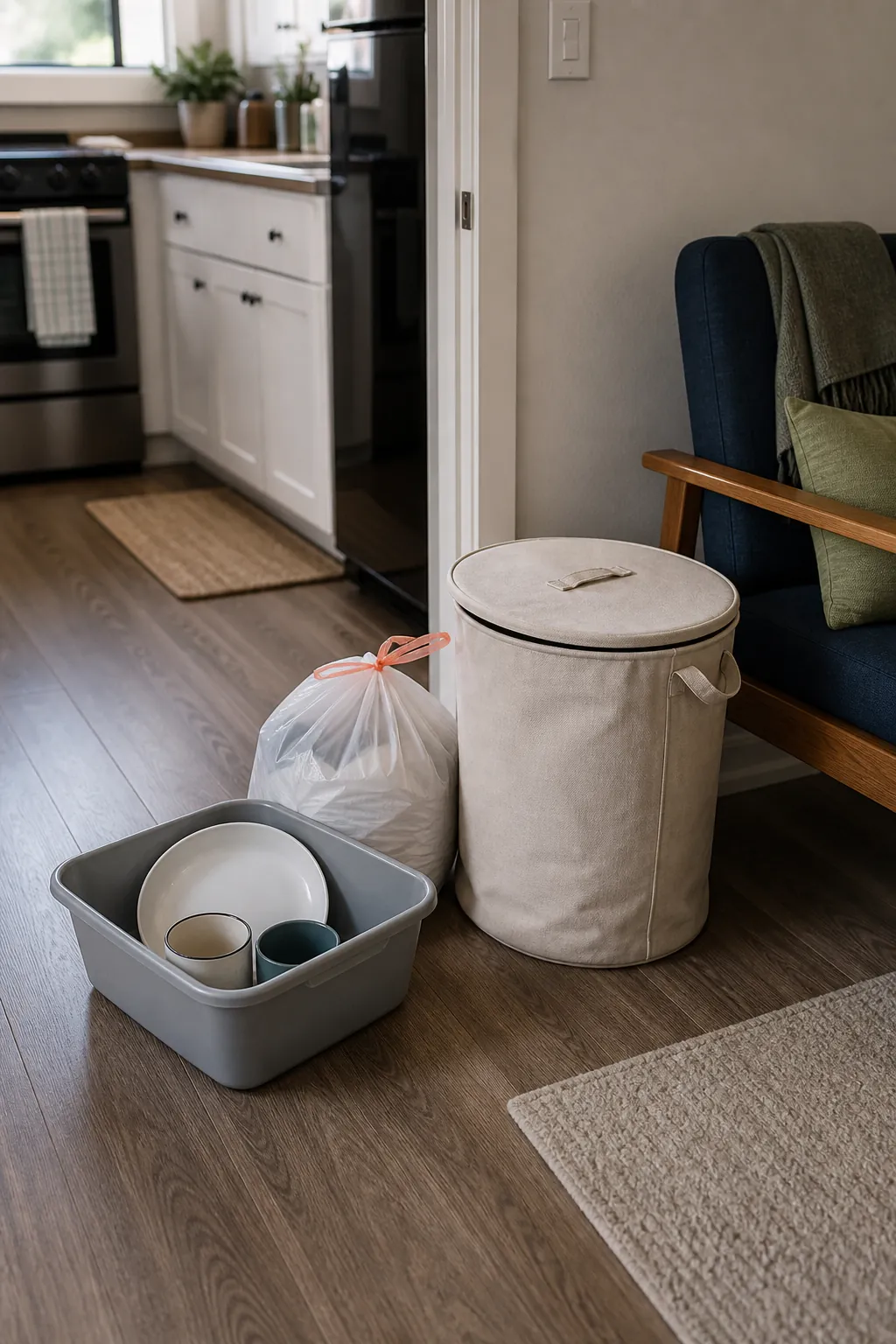 Small apartment cleaning reset with trash bag dish bin and laundry hamper gathered in one pass