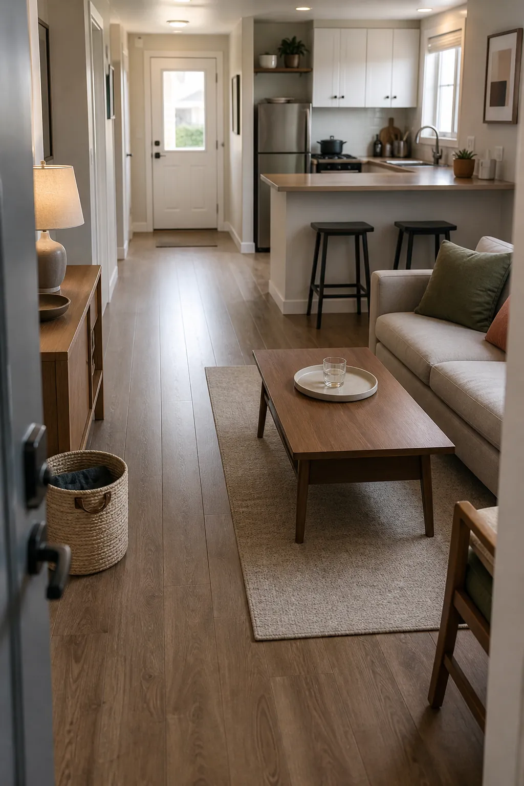 Visible apartment surfaces reset from the entry with coffee table and kitchen counter cleared