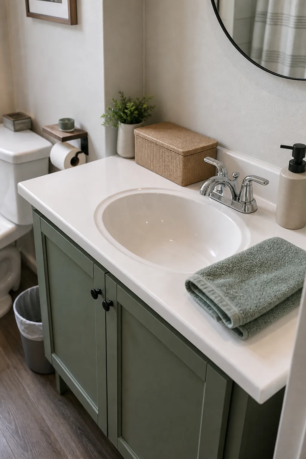 Four minute bathroom reset in a small apartment with clean sink fresh towel and stocked toilet paper
