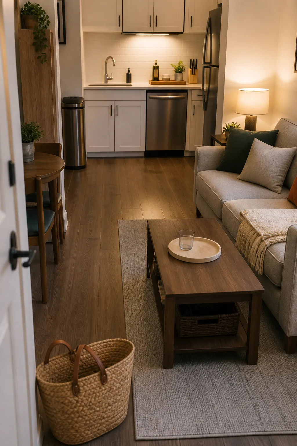 Final two minute apartment cleaning checklist with trash removed clear table and warm lamp