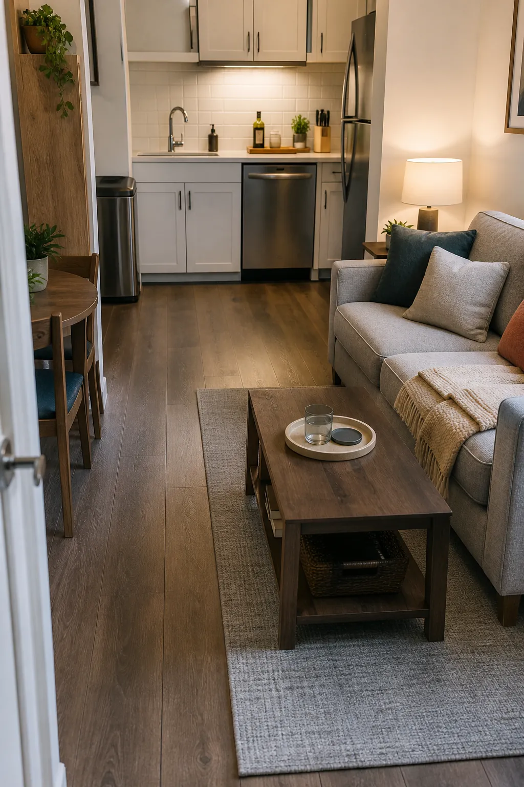 Tidy apartment reset with clear walkway sofa pillows and folded throw after quick cleaning