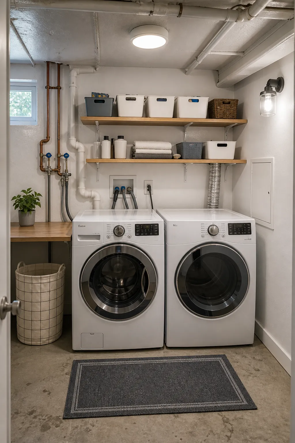 Bright basement laundry room with clean painted utility wall and organized machines