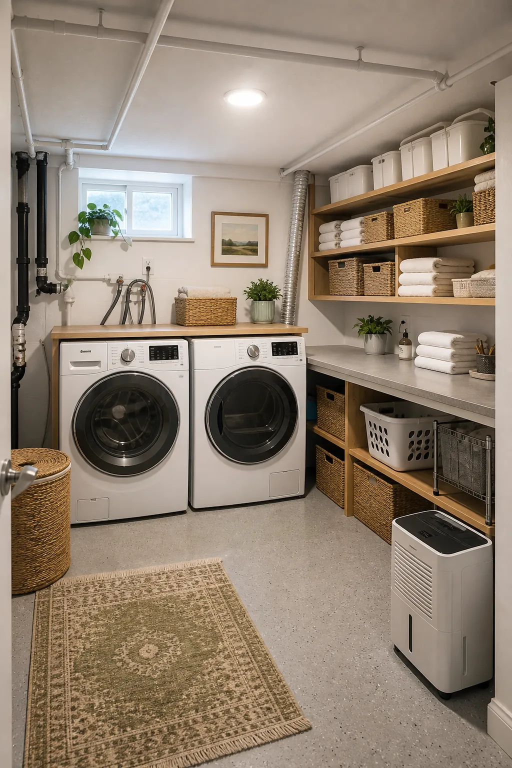 Finished basement laundry room with bright storage and moisture-smart details
