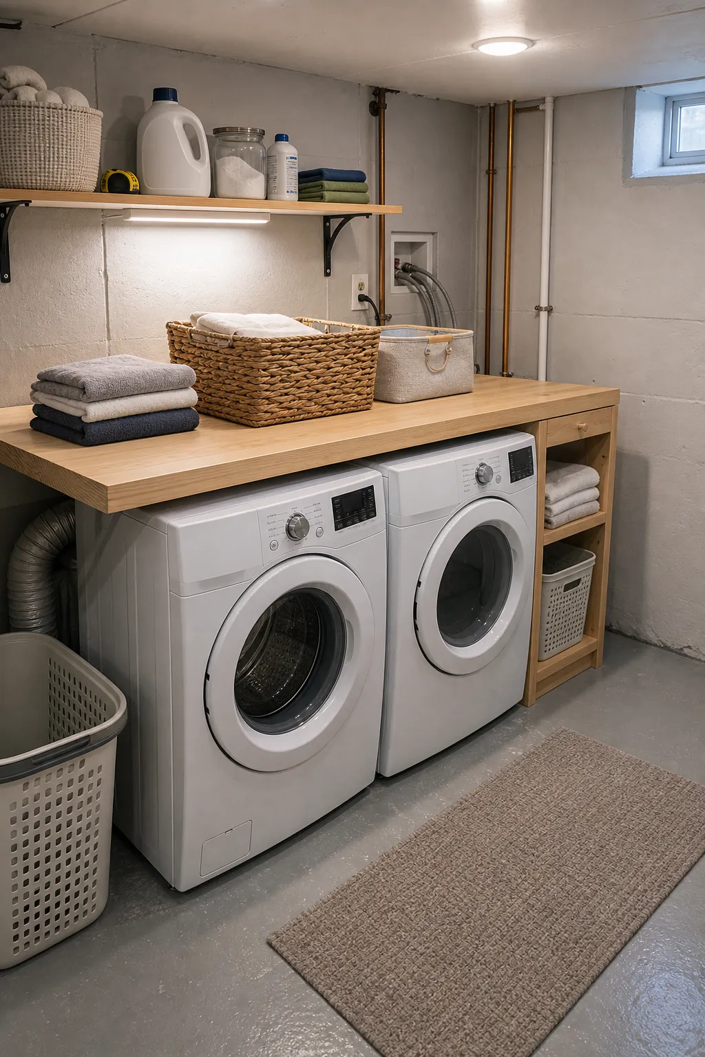 Basement laundry room with side-by-side washer dryer and folding counter
