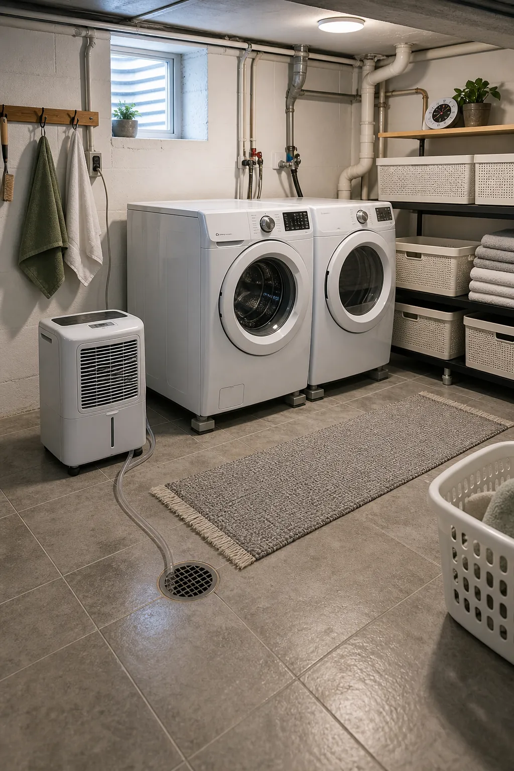 Basement laundry room idea with moisture-safe floor and dehumidifier zone
