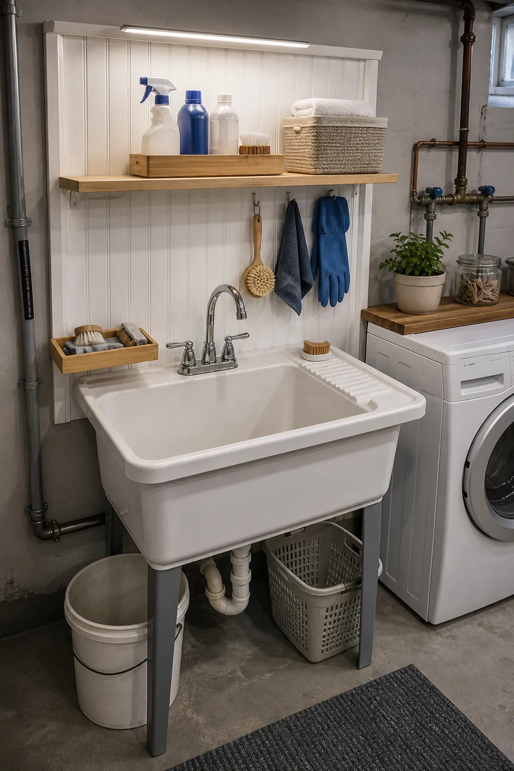 Basement laundry utility sink stain station with storage shelves