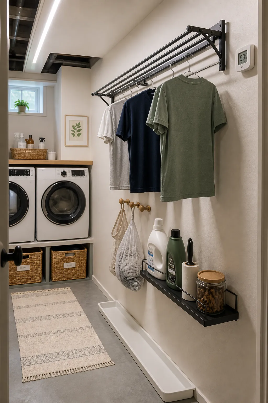 Small narrow basement laundry room with drying rail and supply shelf
