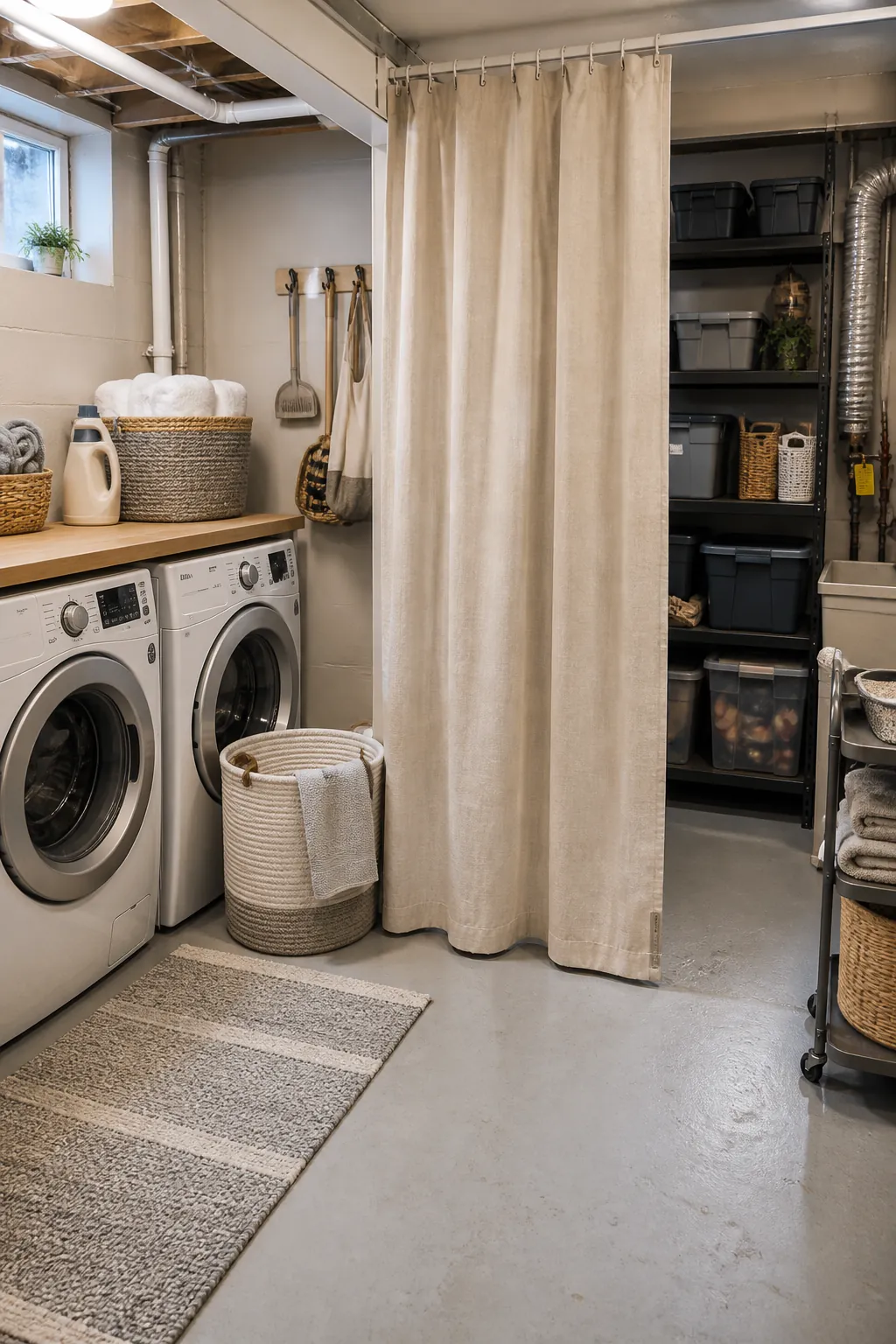 Basement laundry room with soft divider hiding exposed storage
