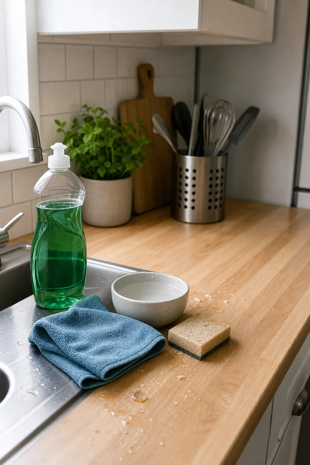 Dish soap and microfiber cloth used for simple kitchen cleaning in a small apartment