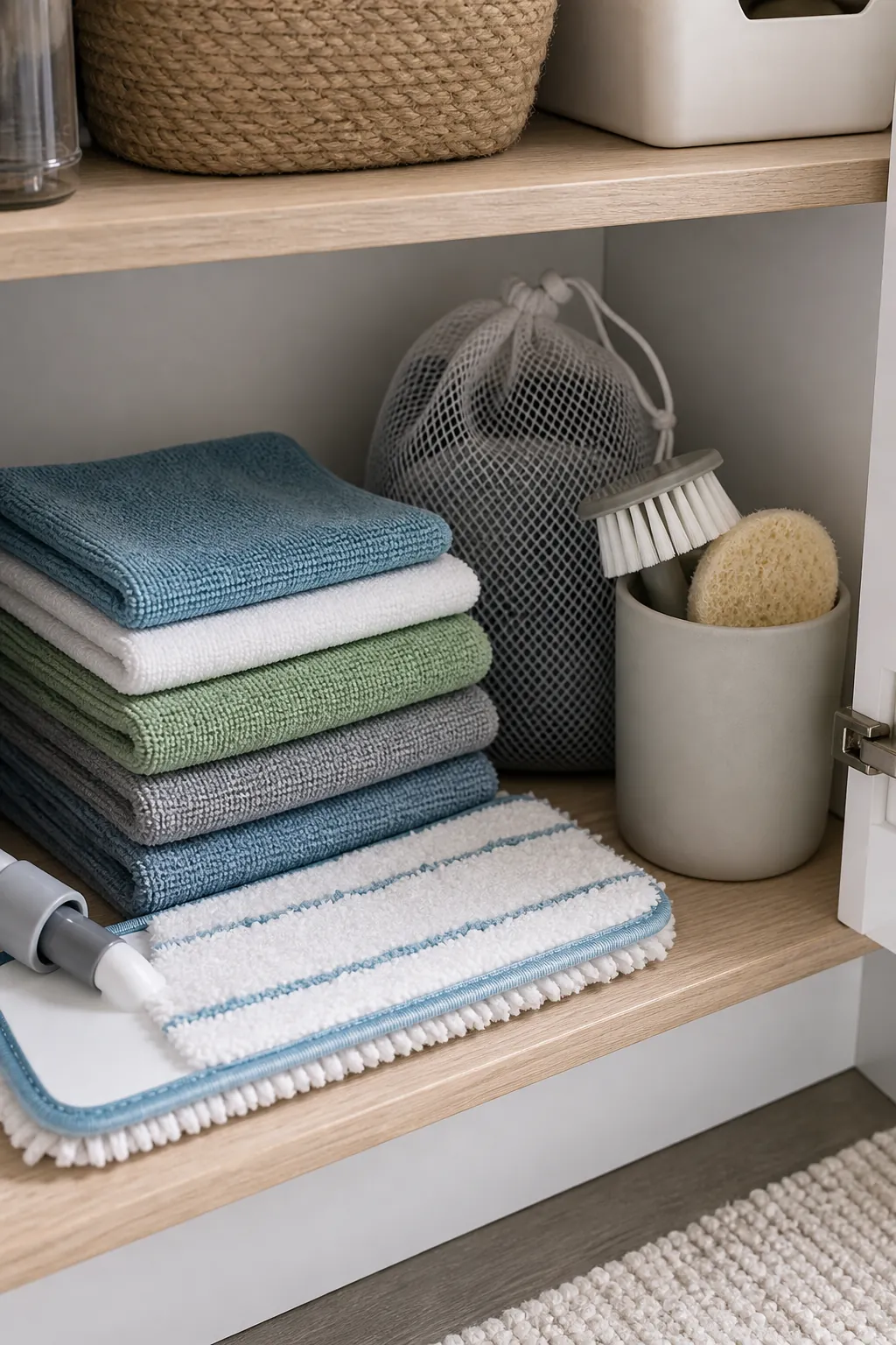 Washable microfiber cloths and simple scrub brush for small apartment cleaning with fewer products