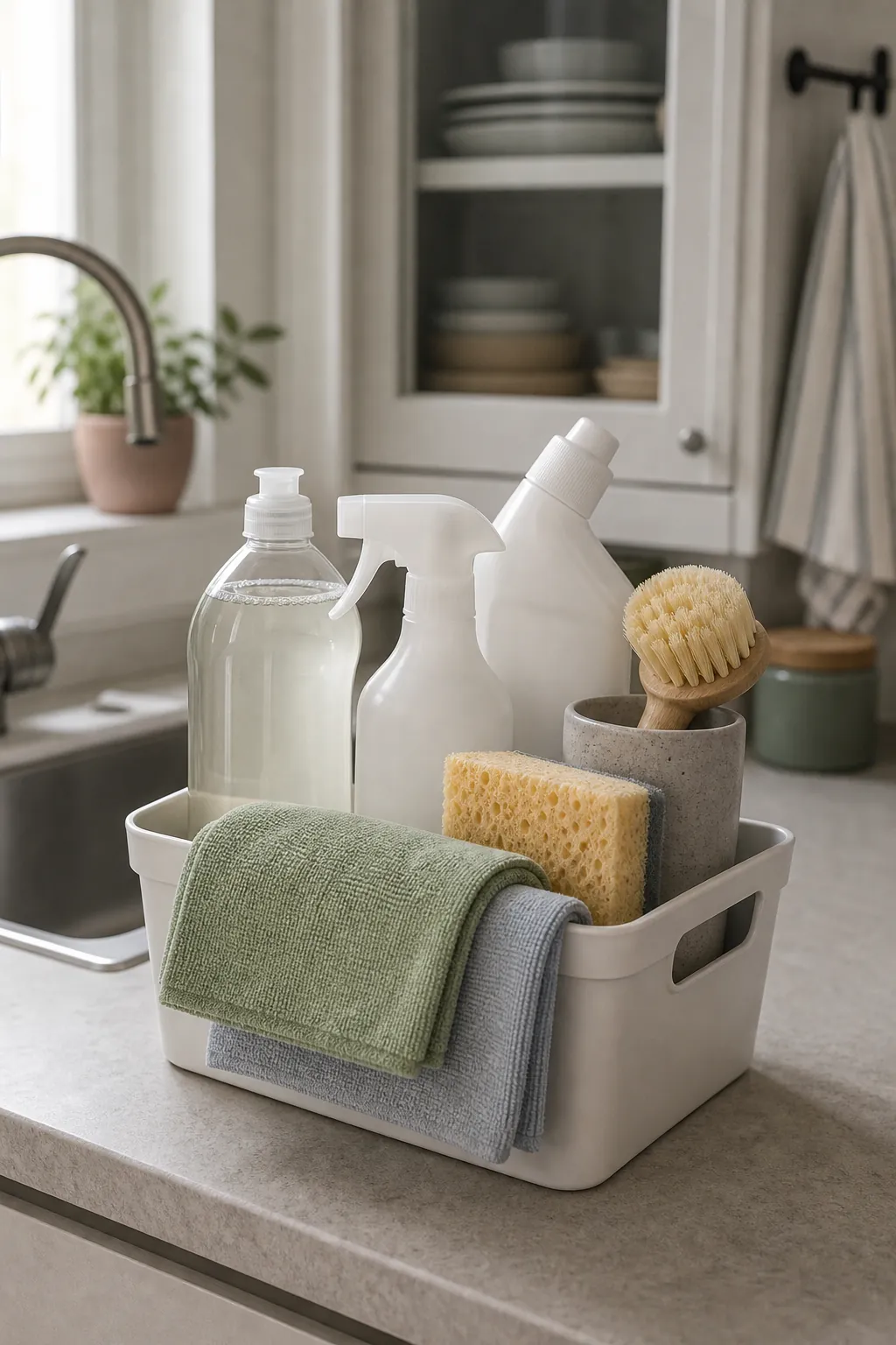Minimal cleaning products for a small space arranged in one compact cleaning kit