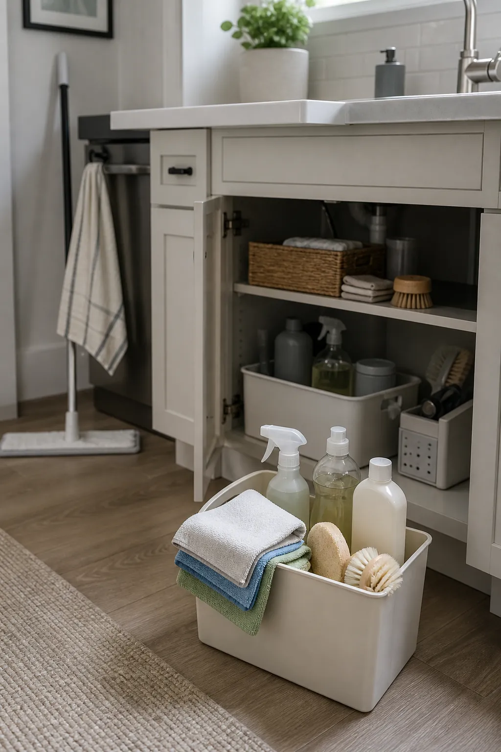 Small space cleaning setup with fewer products in one compact caddy under a tidy sink
