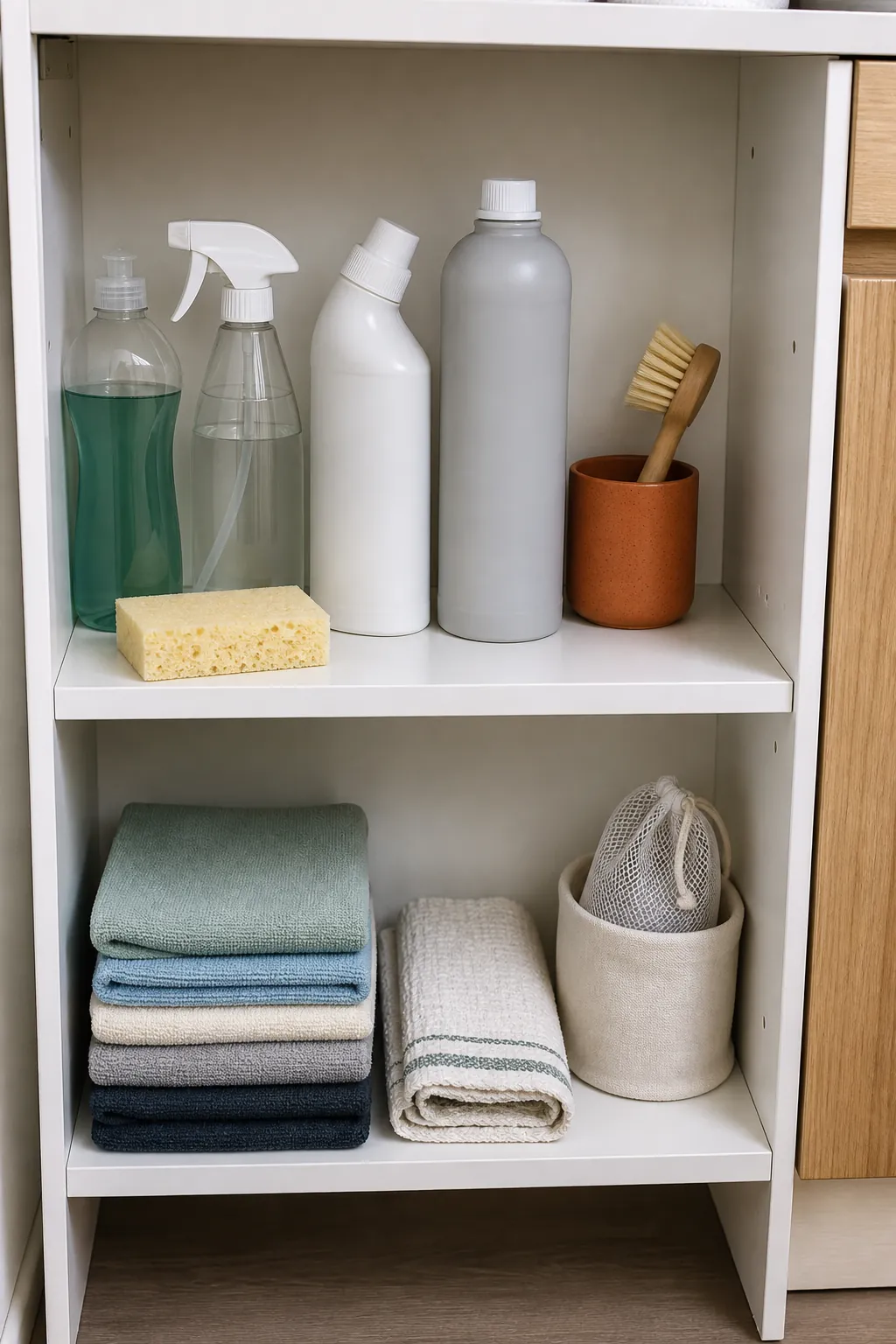 Small space product limit shelf with a few cleaning products and no duplicate bottles