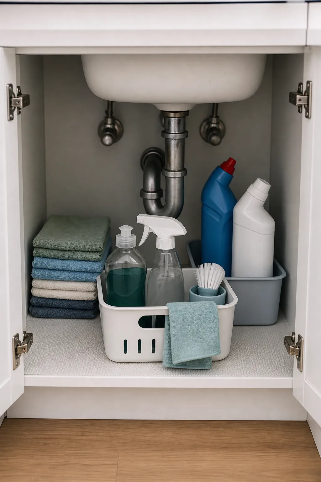 Under sink cleaning storage for a small home with fewer products and washable cloths