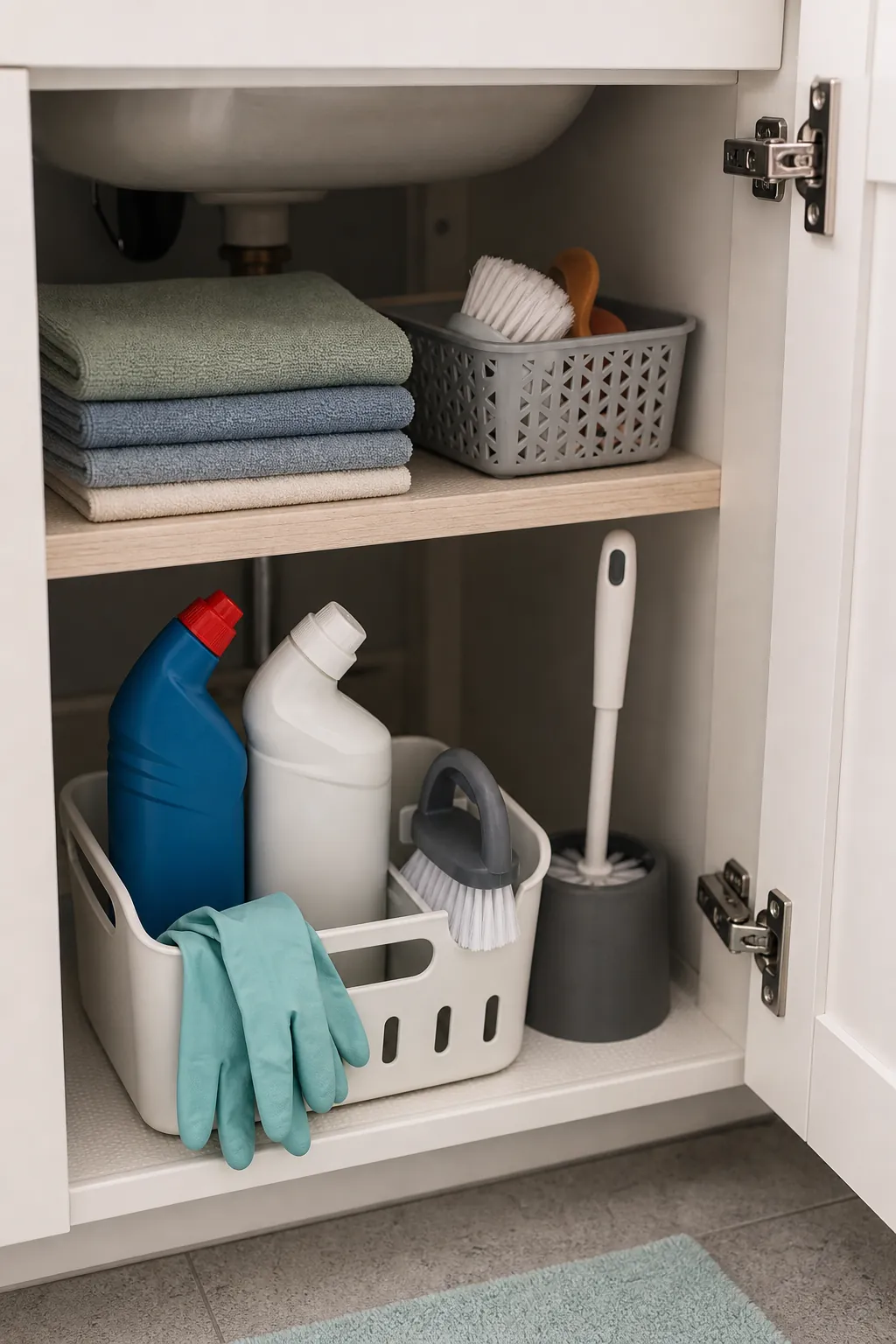 Bathroom cleaners stored separately and clearly in a small home cleaning caddy