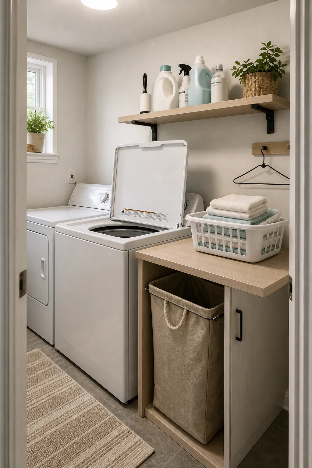 Top load washer laundry room with side folding counter beside machines