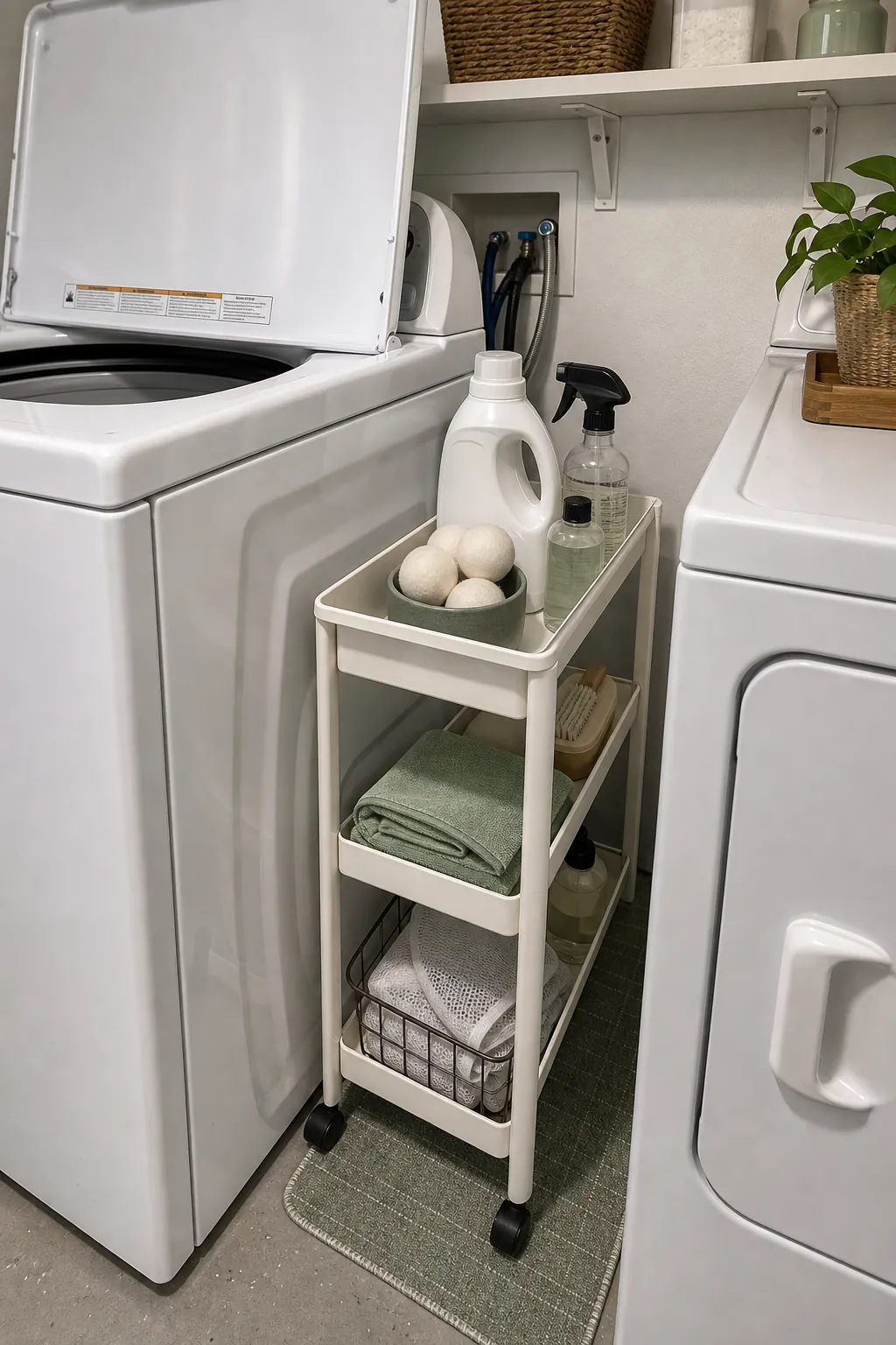 Small top loader laundry room with slim rolling cart between machines