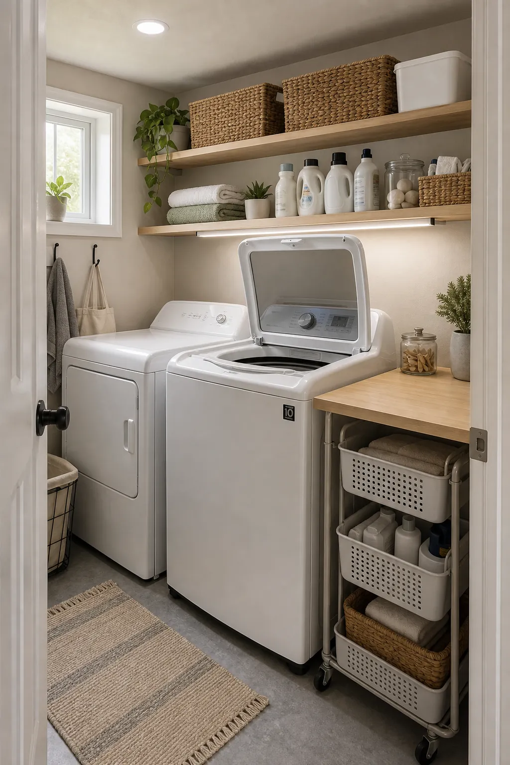 Top load washer laundry room with lid clearance, shelves, and side folding space