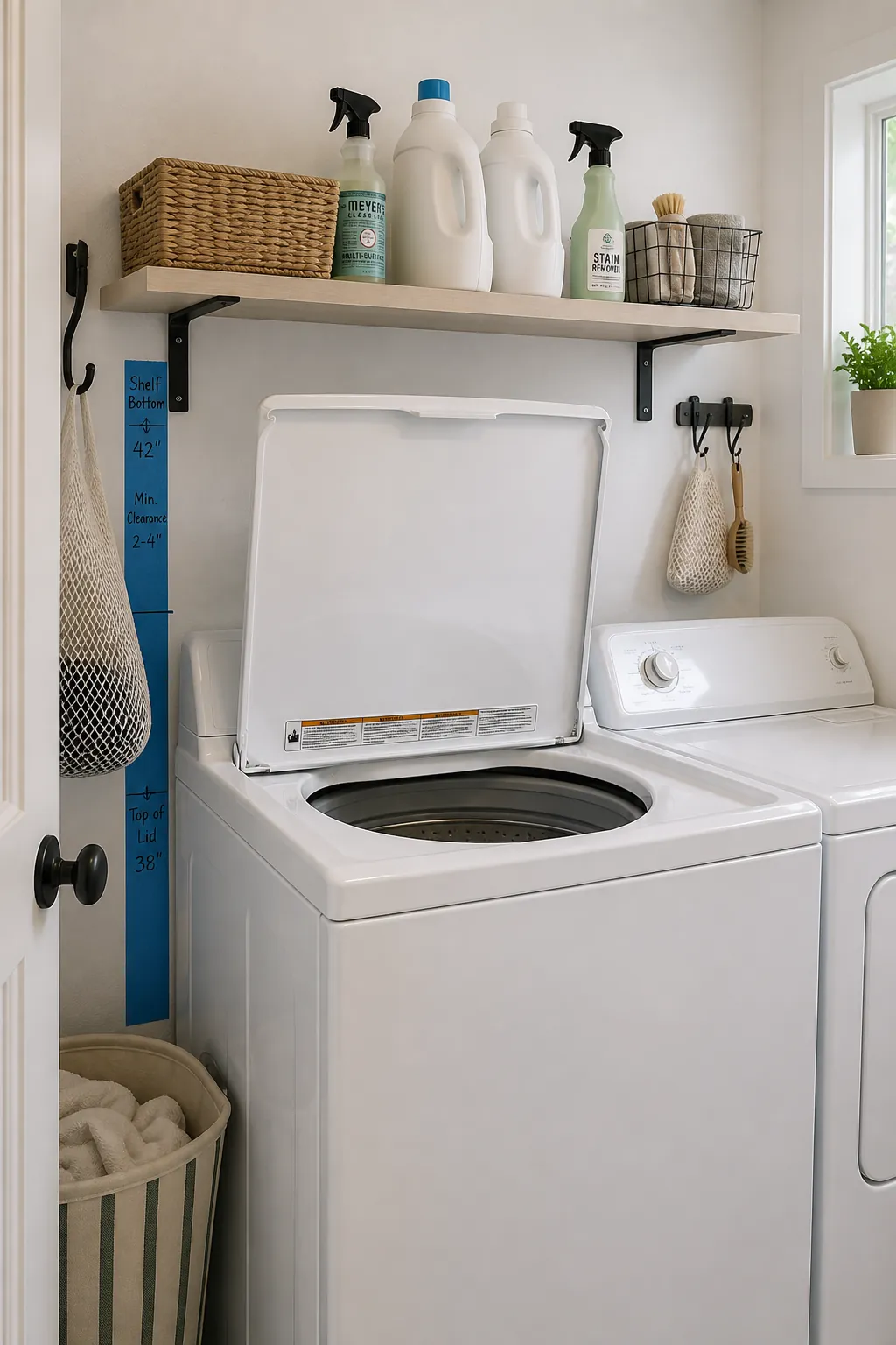 Top load washer laundry room with shelf mounted above open lid clearance