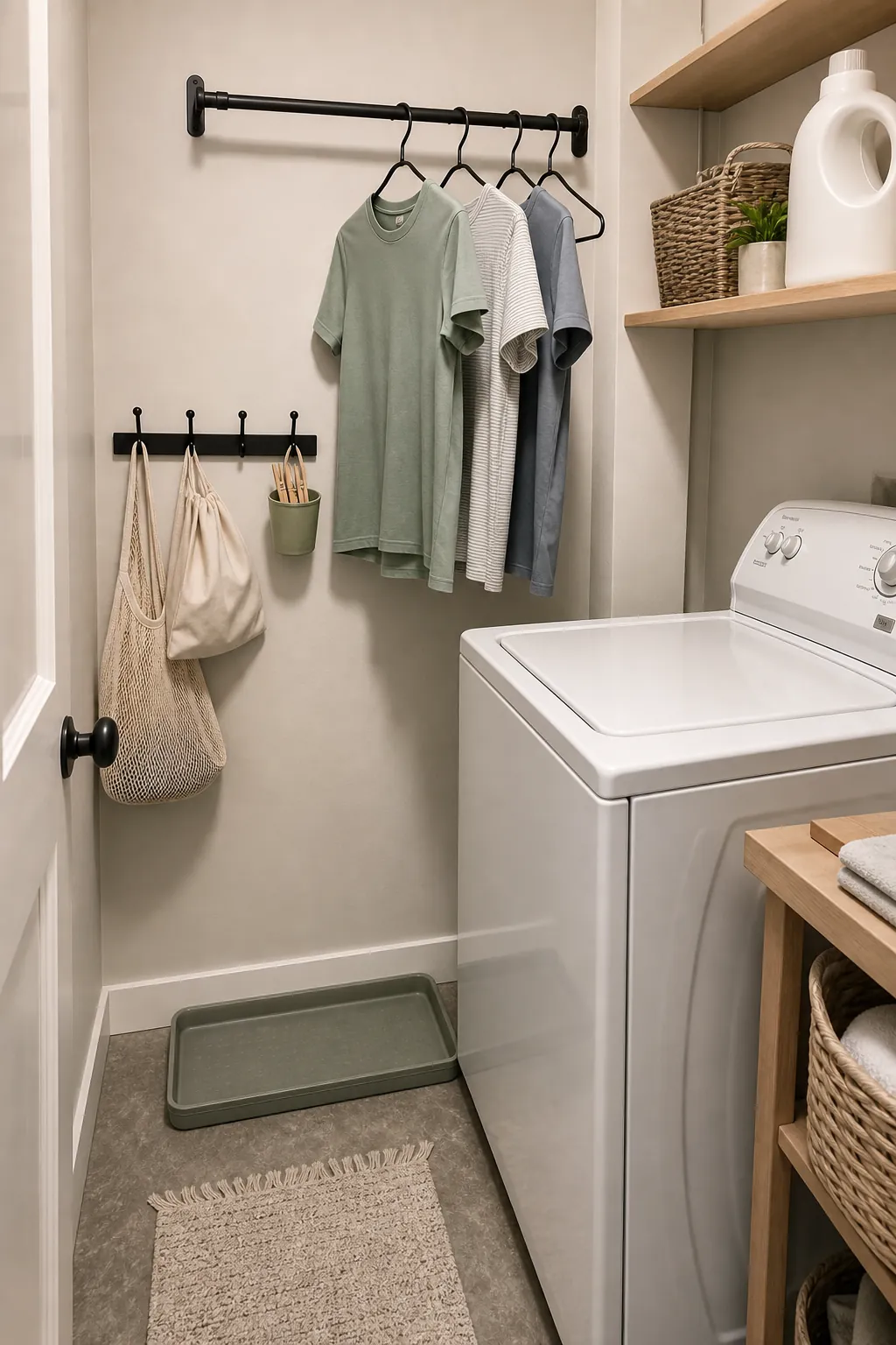 Top load washer laundry room with wall drying rail and waterproof floor zone