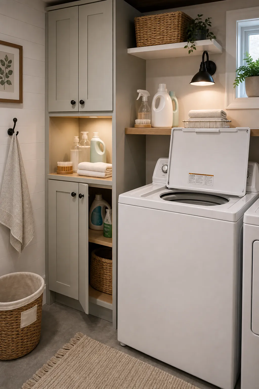 Top load washer laundry room with tall cabinet and open daily shelf